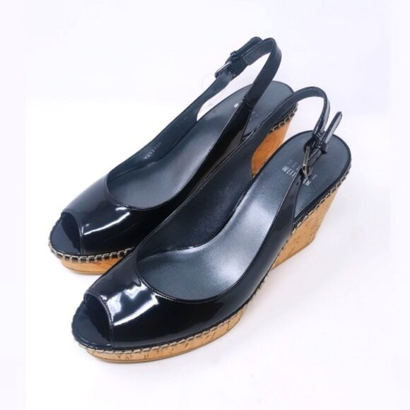 Stuart Weitzman Black Patent Leather Slingback Wedges 7.5 - Picture 1 of 8